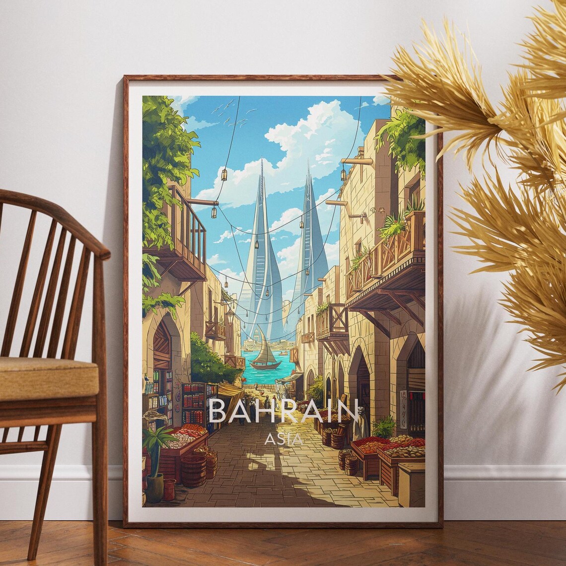 Bahrain Asia Bustling Old Market Harbor Sailboat Vintage Travel Poster