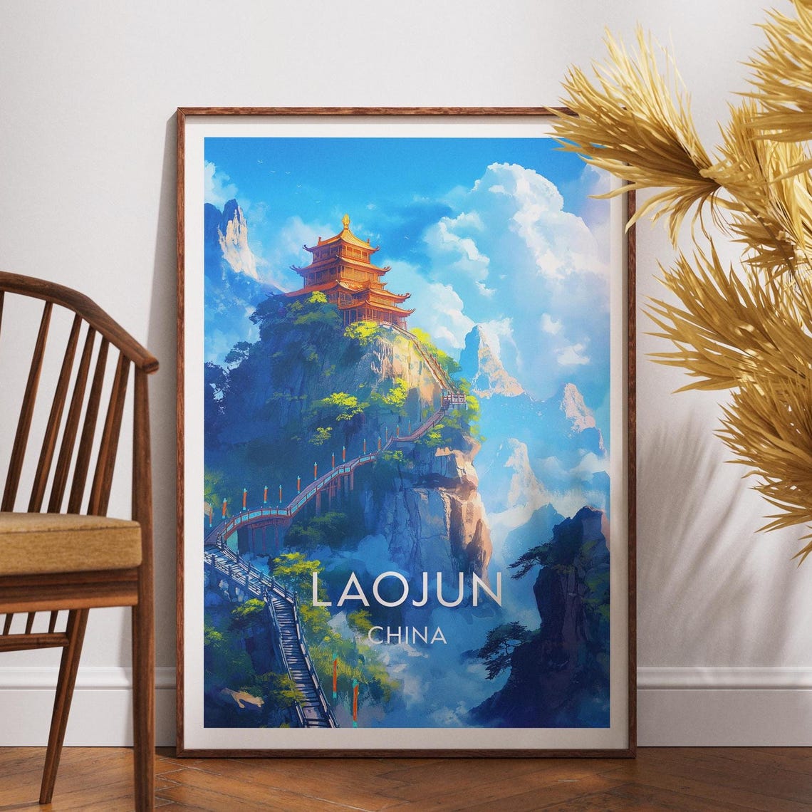 Laojun Mountain China Cliff Temple Misty Peak View Travel Poster