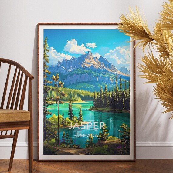 Jasper Canada Turquoise Lake Alpine Peak Retro Travel Poster