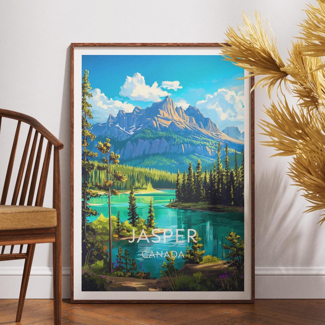 Jasper Canada Turquoise Lake Alpine Peak Retro Travel Poster