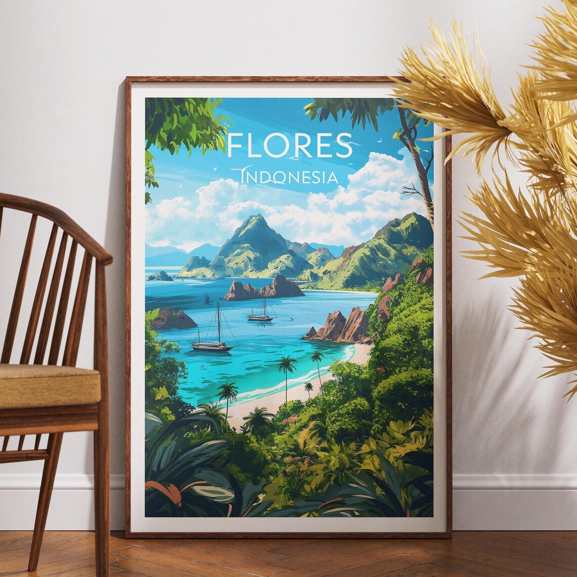Flores Island Indonesia Tropical Bay Sailboats Mountain Poster