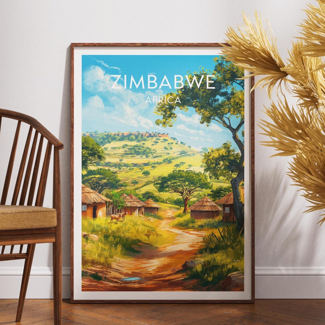 Zimbabwe Africa Thatched Village Hills Vintage Travel Art Poster
