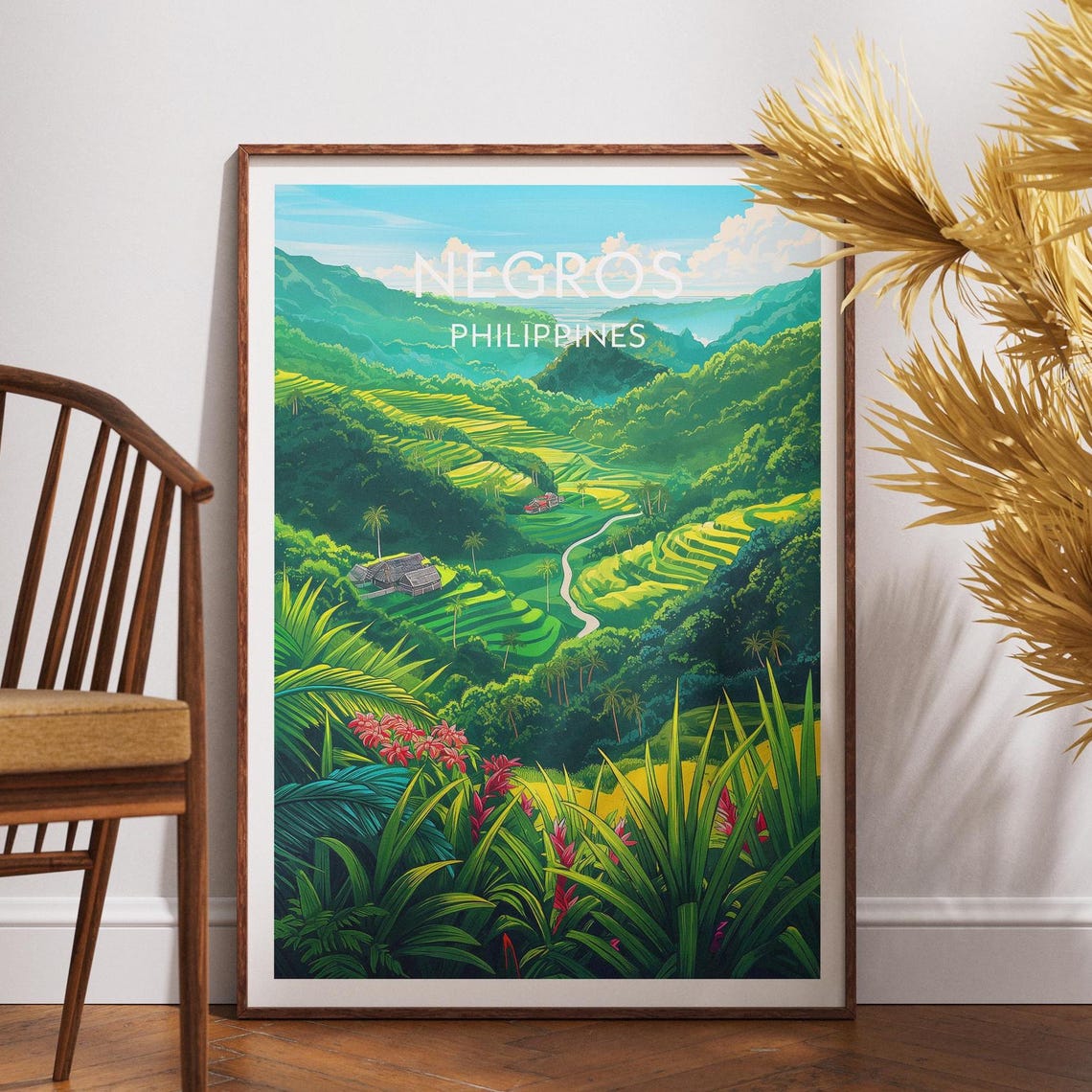 Negros Philippines Lush Rice Terraces Green Valley Travel Poster