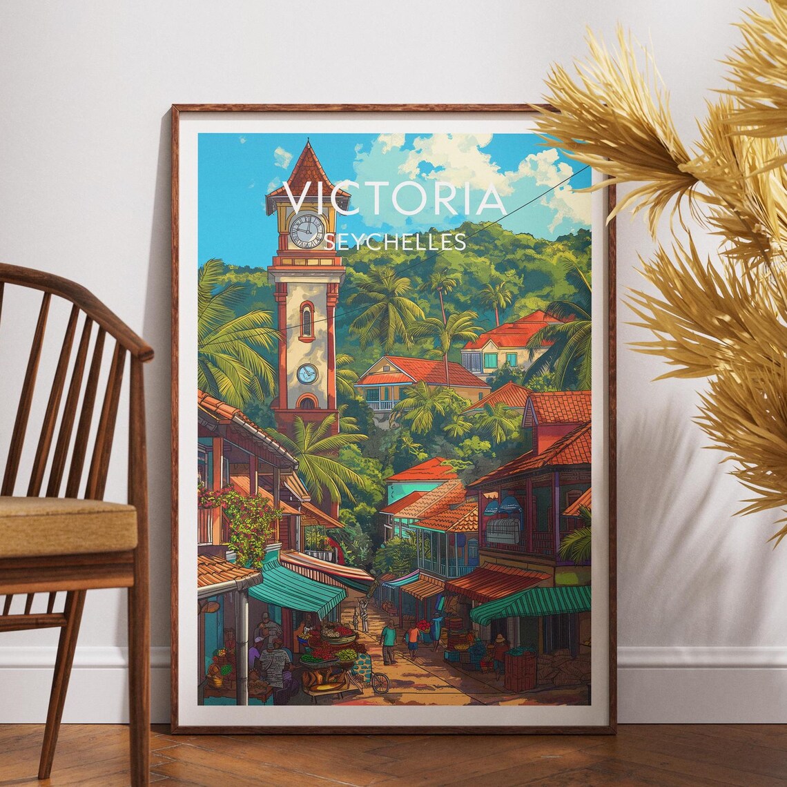 Victoria Seychelles Clock Tower Street Scene Island Travel Poster