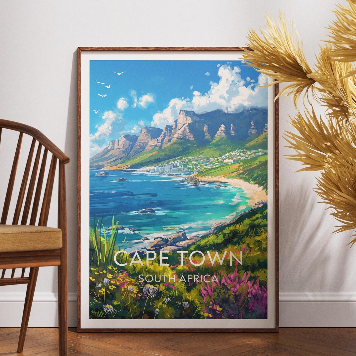 Cape Town South Africa Table Mountain Coast Flowers Travel Poster