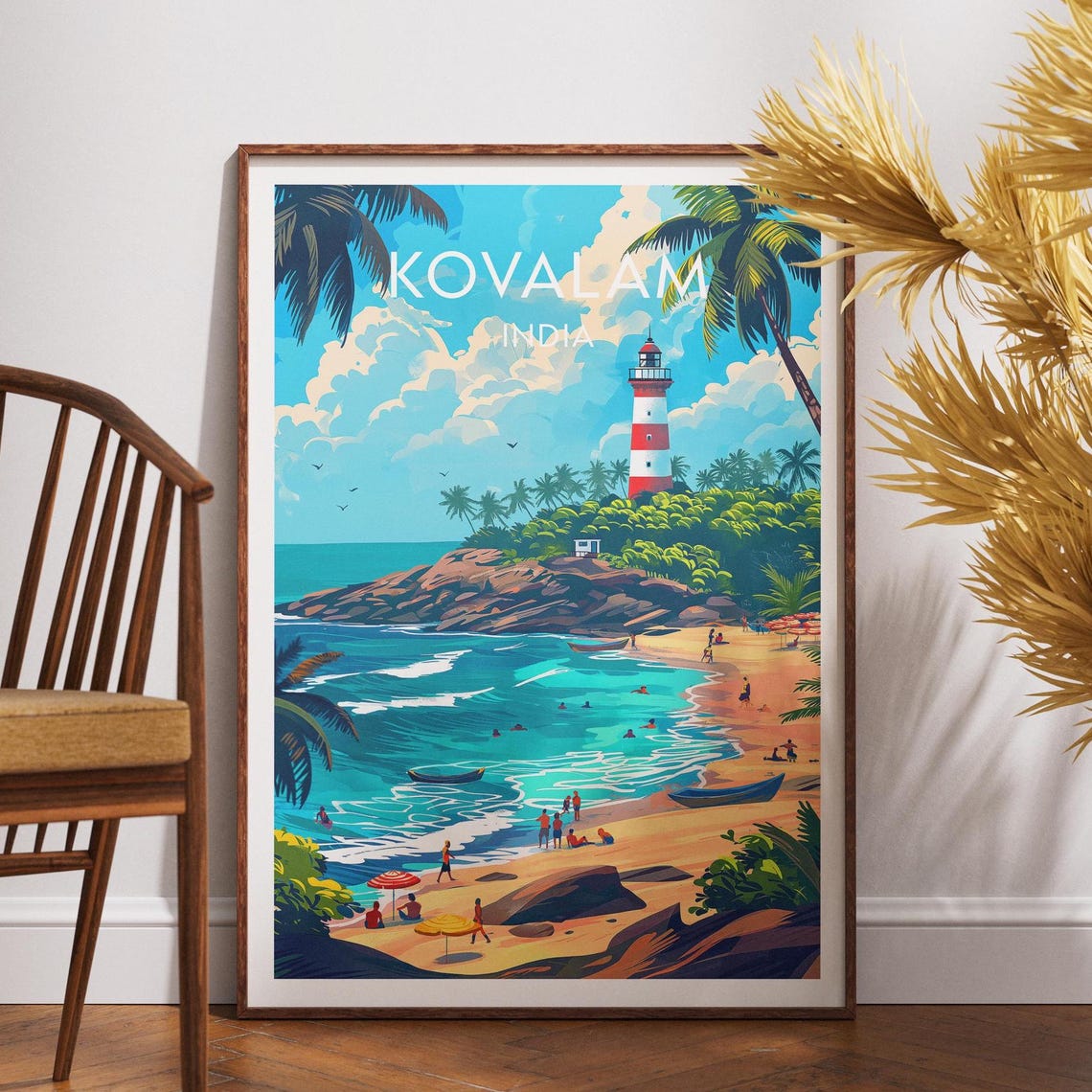 Kovalam India Lighthouse Beach Umbrella Palm Cove Scene Travel Poster