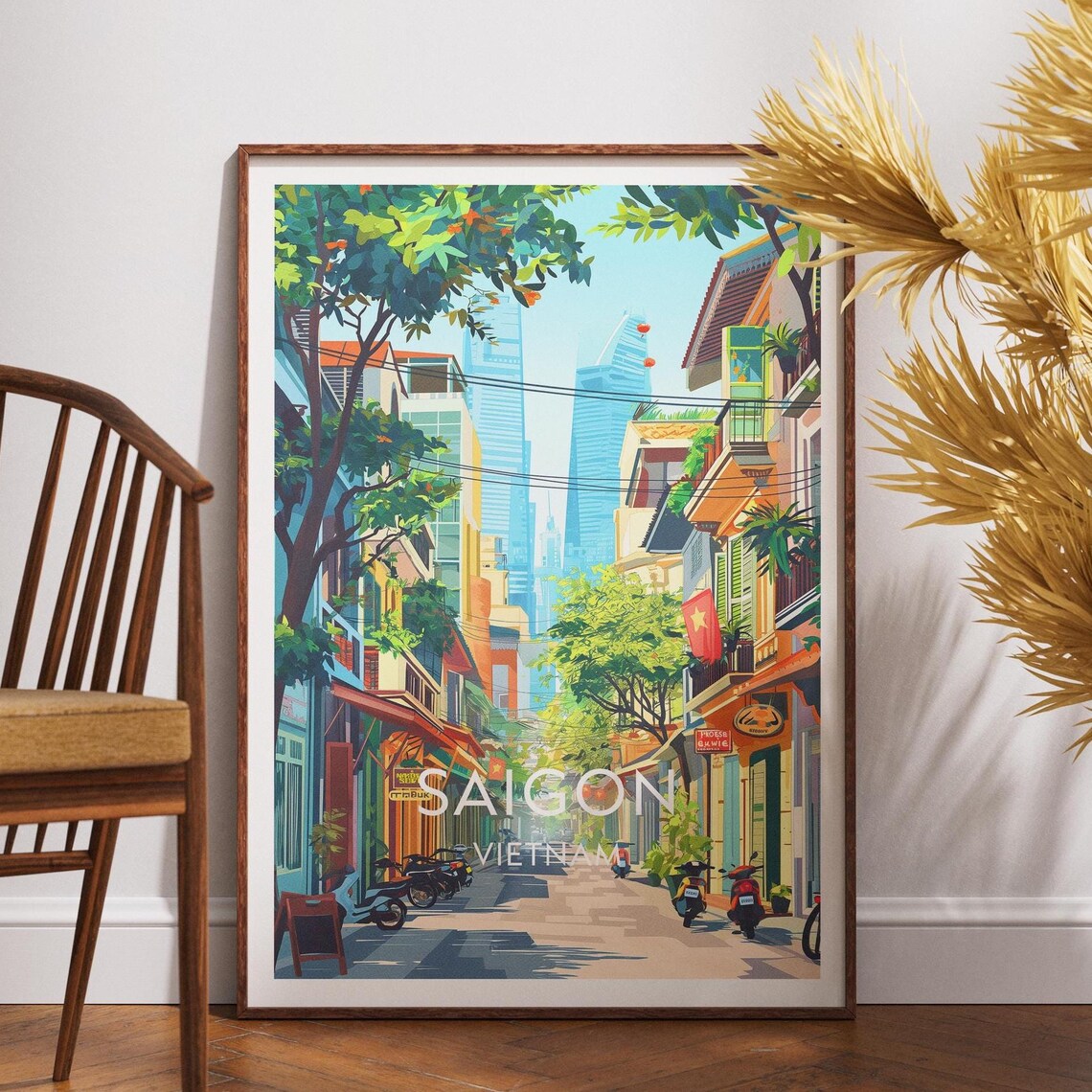 Saigon Vietnam Old Shophouse Street Scooters Travel Poster Art