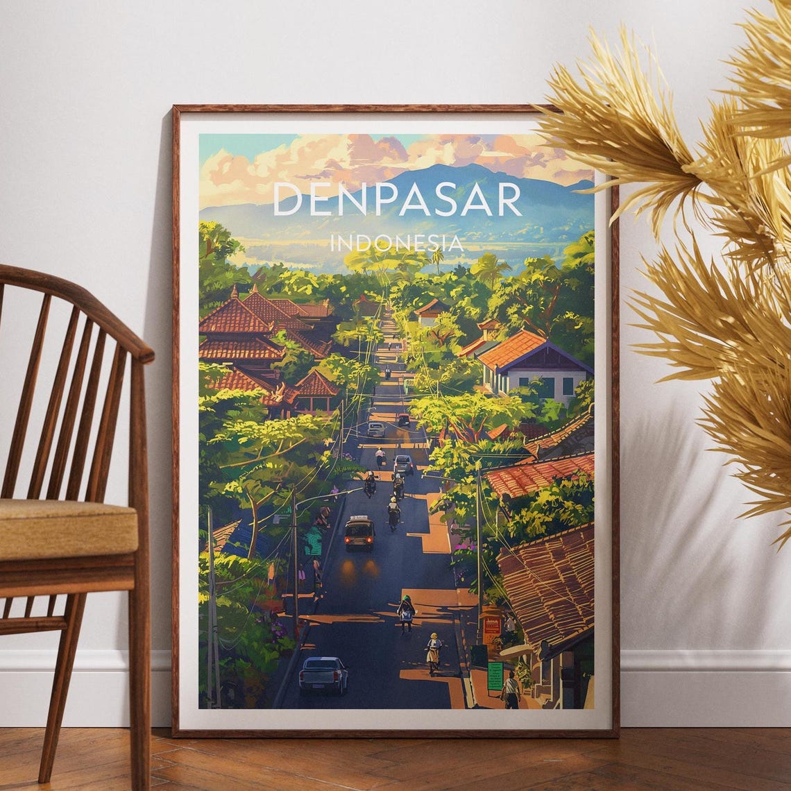 Denpasar Indonesia Bali Temple Street Motorbikes Travel Poster