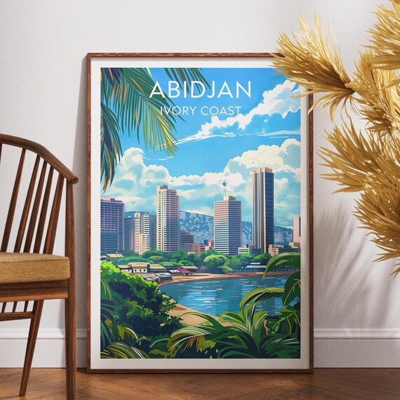Abidjan Skyline Lagoon Tropical Palm Fronds Africa Travel Poster