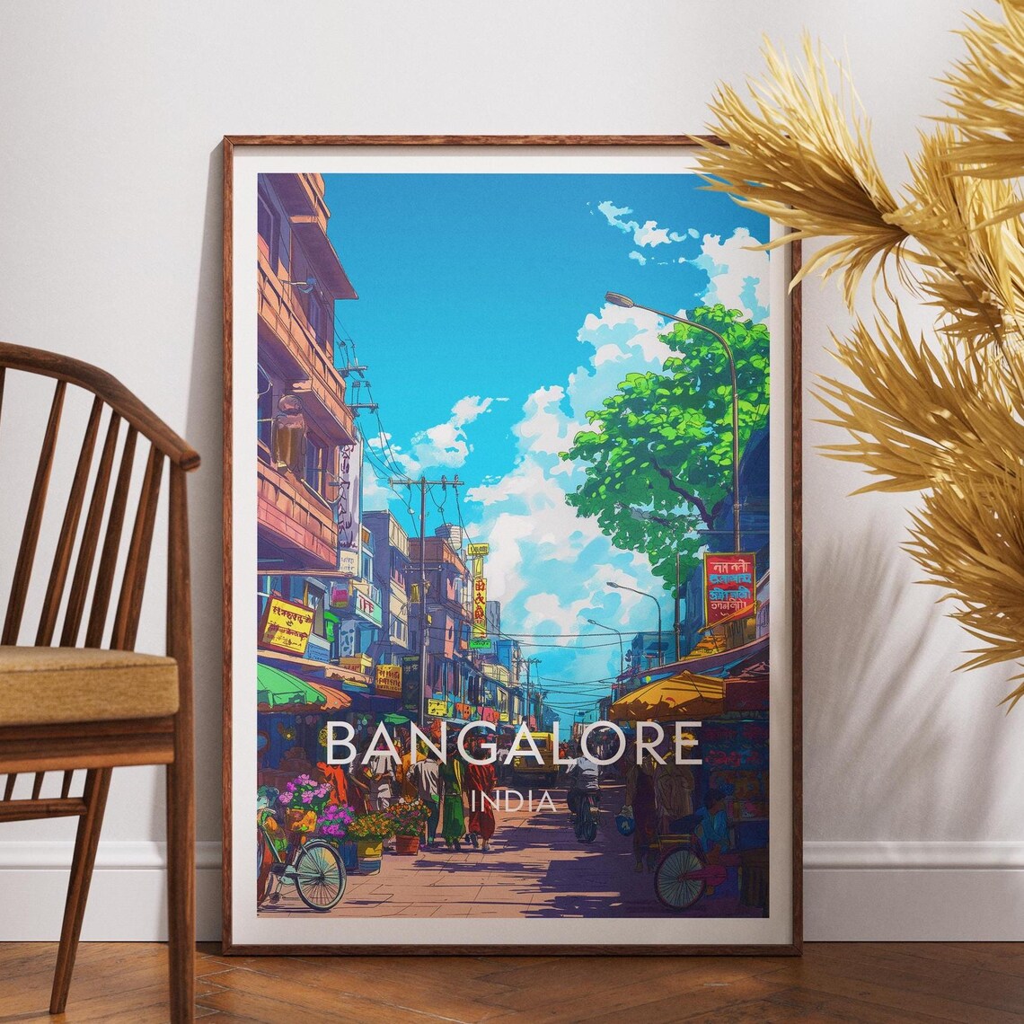 Bangalore India Colorful Market Street Anime Style Travel Poster Art