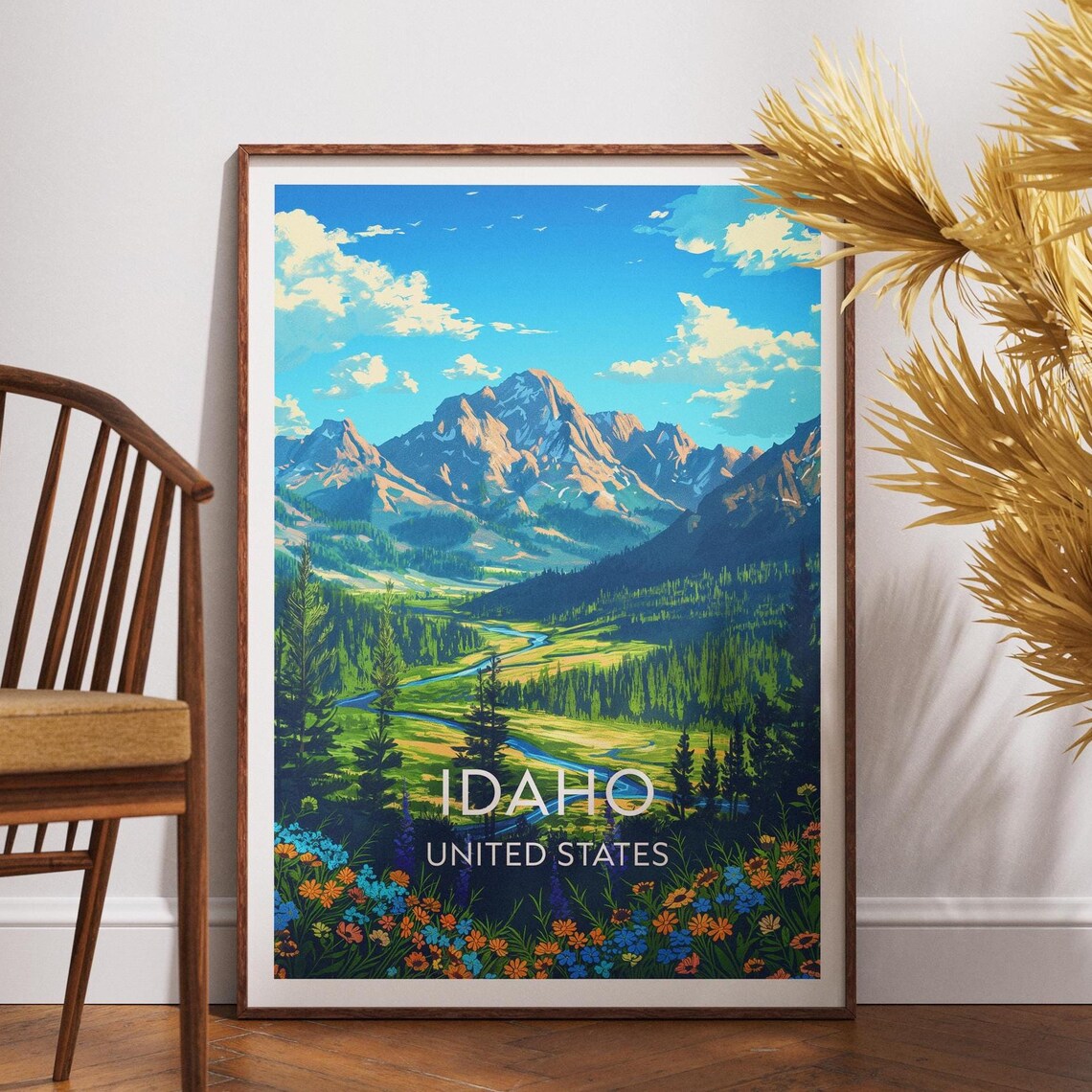 Idaho United States Alpine Peaks River Valley Wilderness Travel Poster