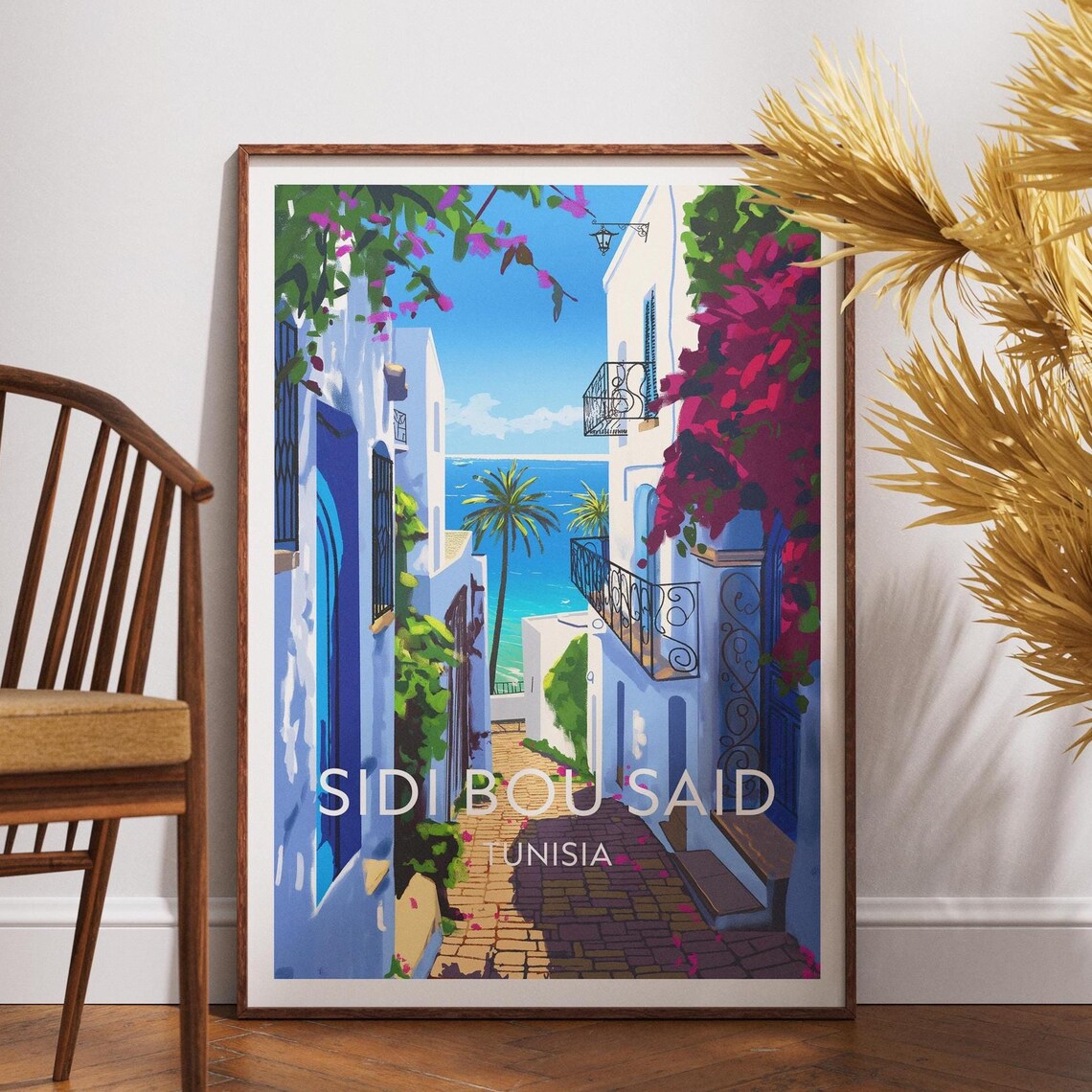 Sidi Bou Said Tunisia Sunny Street Bougainvillea Ocean Travel Poster