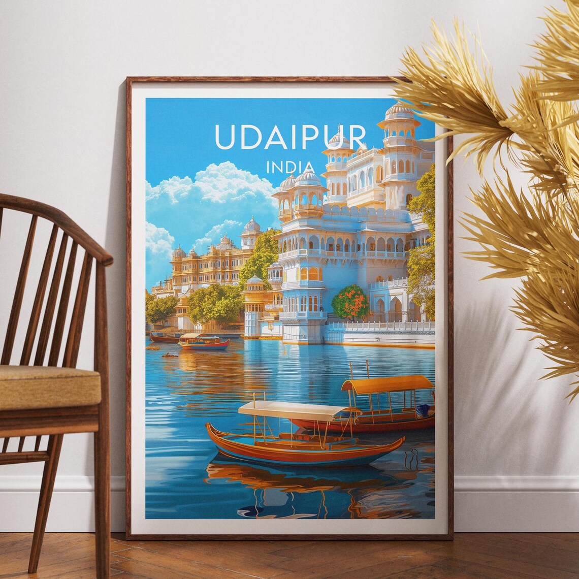 Udaipur India Travel Poster City Palace Lake Pichola Boats View