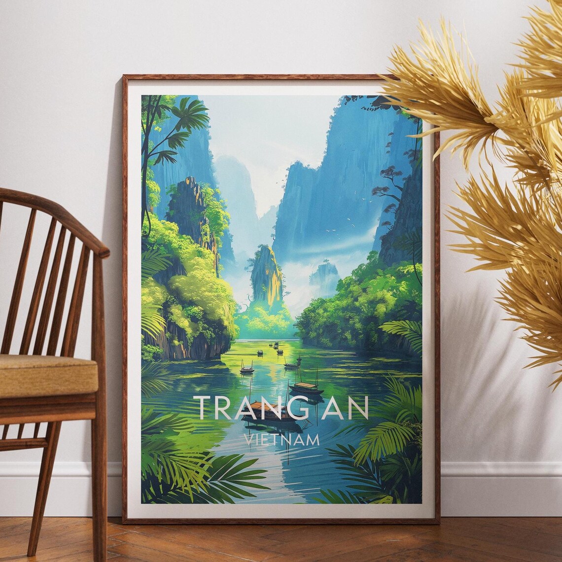 Trang An Vietnam River Boats Limestone Karsts Travel Poster Art