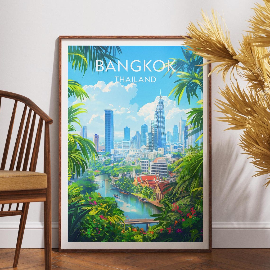 Bangkok Thailand Tropical City Skyline River Temple Travel Poster