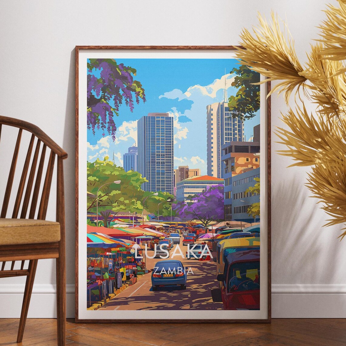 Lusaka Zambia Bustling Street Market Jacaranda Travel Art Poster
