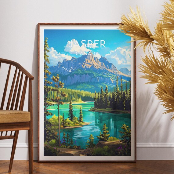 Jasper Canada Emerald Lake Rocky Peak Summer Vintage Travel Poster