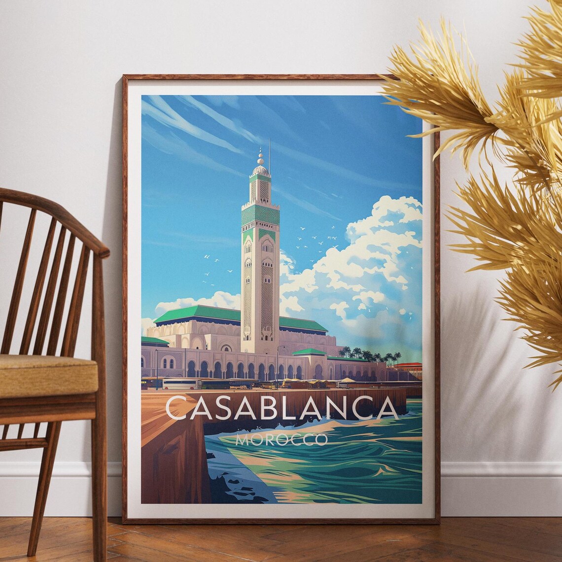 Casablanca Morocco Grand Mosque Seaside Skyline Retro Travel Poster