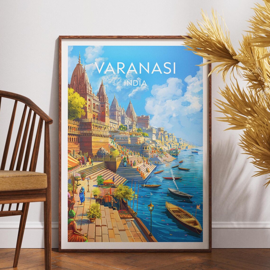 Varanasi India Travel Poster Ganges Ghats Temples Boats River Scene