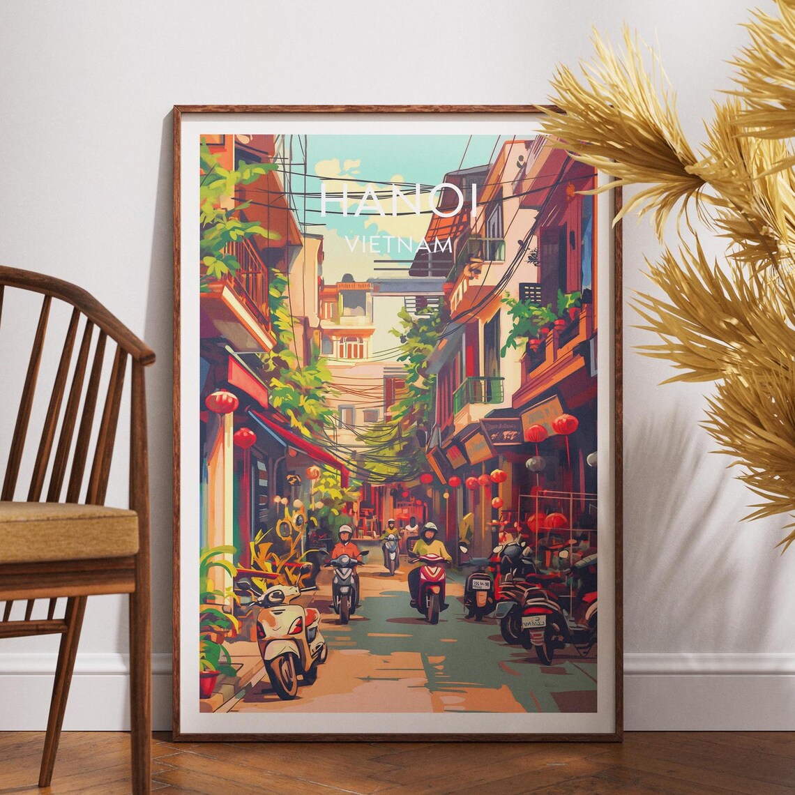 Hanoi Vietnam Old Quarter Scooter Street Lantern Travel Poster