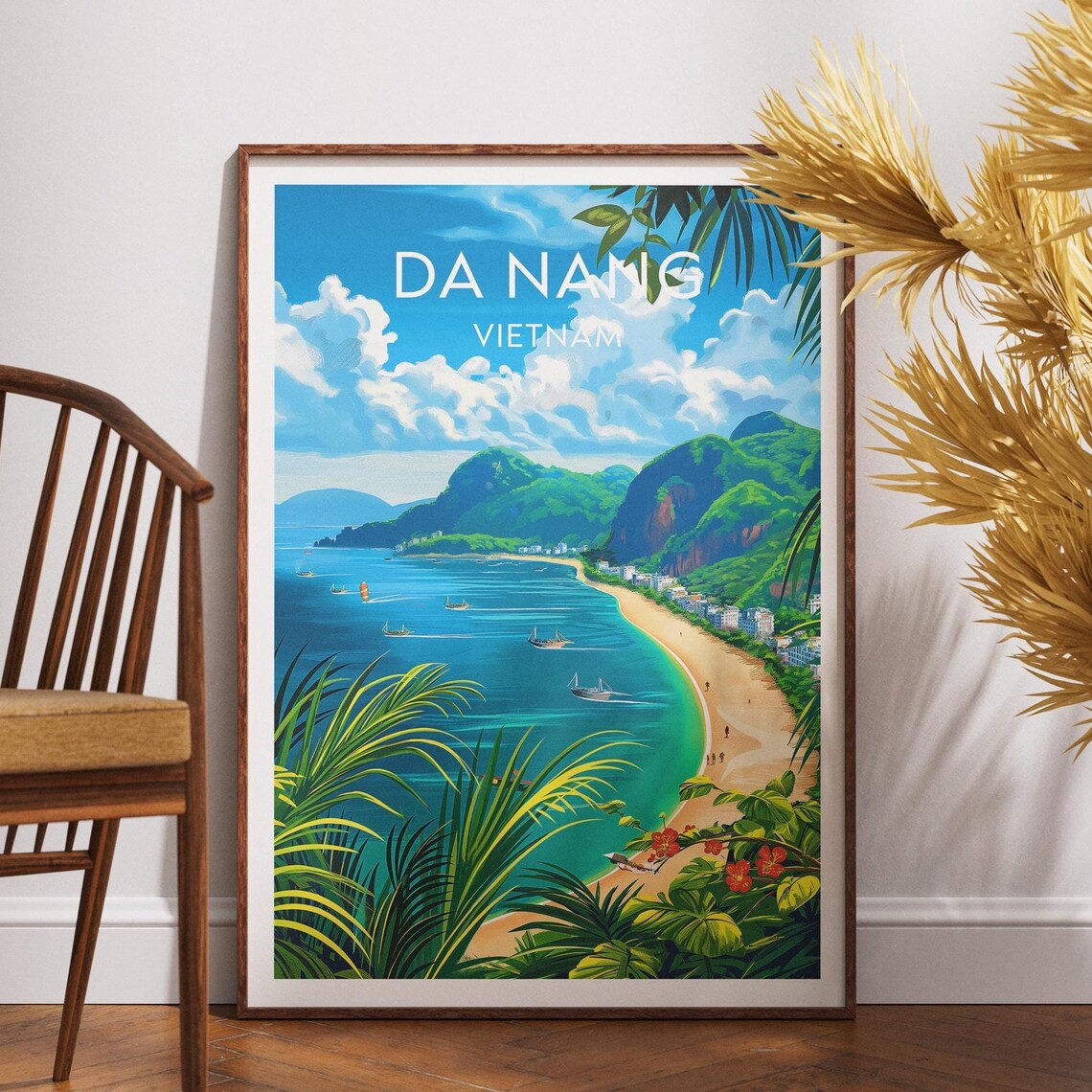 Da Nang Vietnam Curved Sandy Beach Bay Boats Scenic Travel Poster