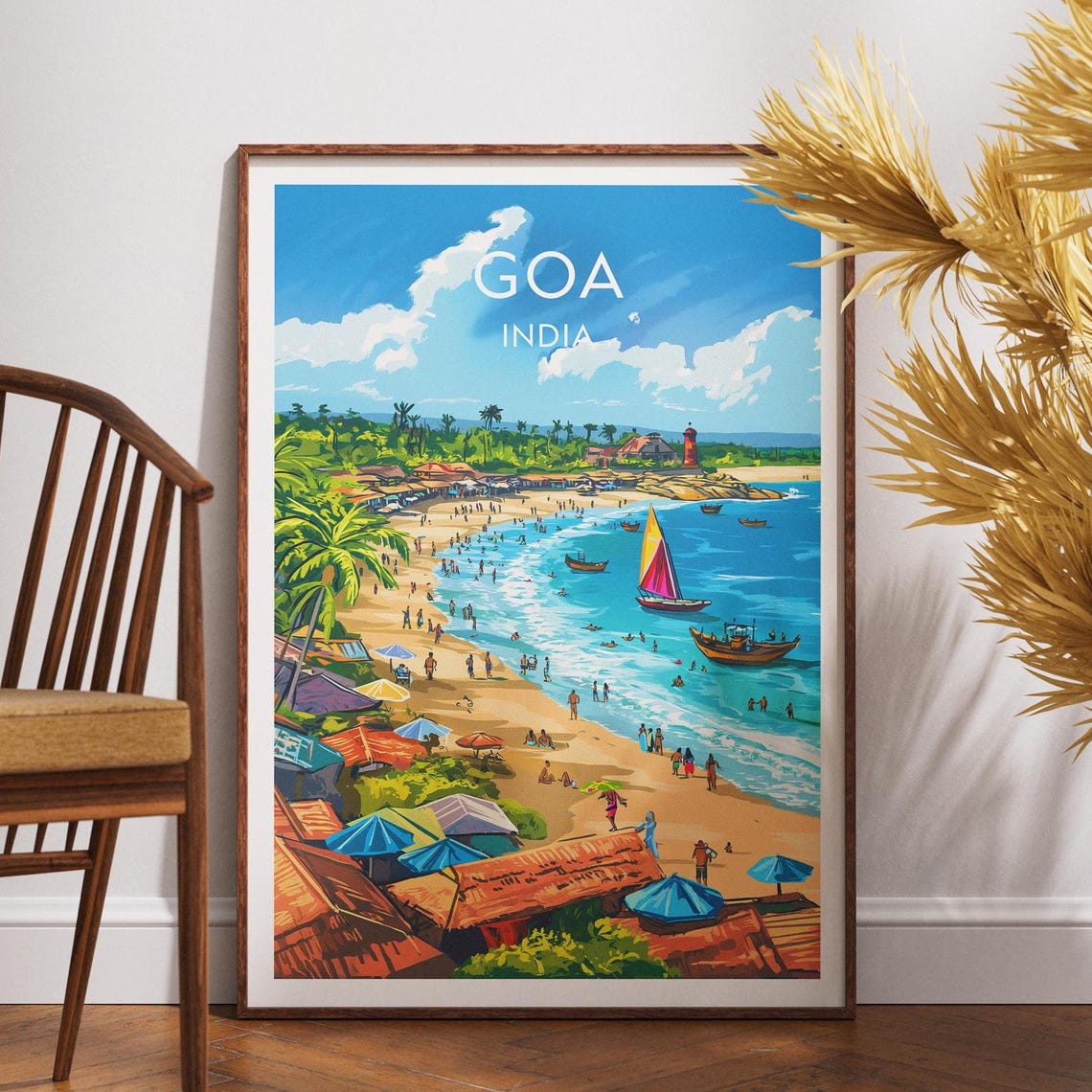Goa India Beach Umbrellas Turquoise Sea Colorful Coast Travel Poster