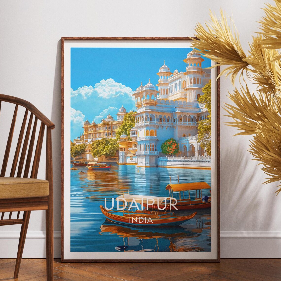 Udaipur India Travel Poster Lake Palace Boats Rajasthan Heritage
