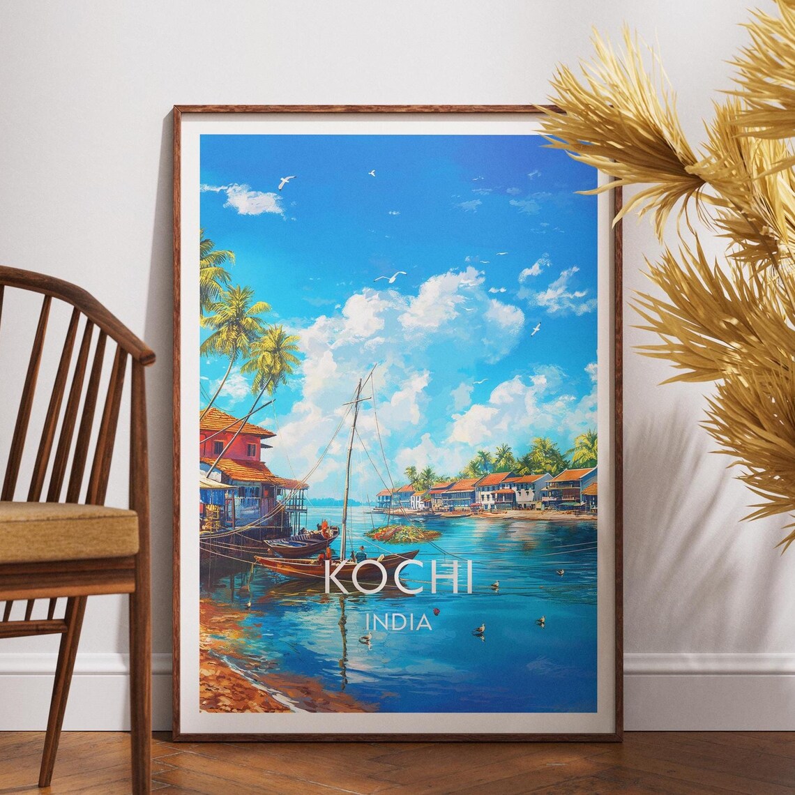 Kochi India Harbor Fishing Boats Palm Waterfront Center Travel Poster
