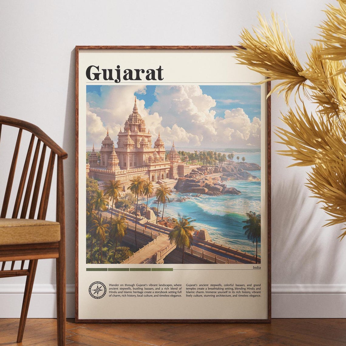 Gujarat India Coastal Temple Palms Seaside Heritage Travel Poster