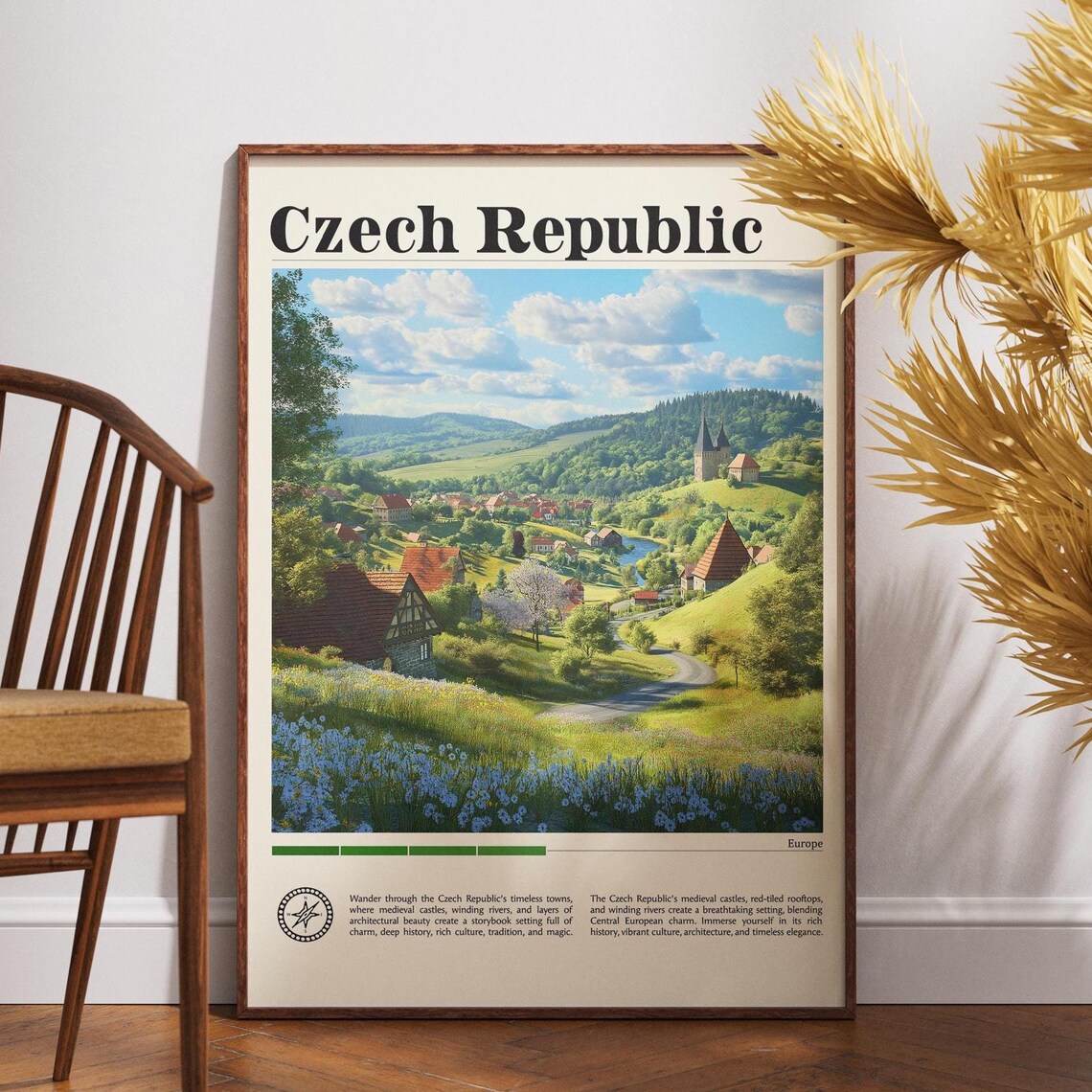 Czech Republic Vintage Countryside Village Church Hills Travel Poster