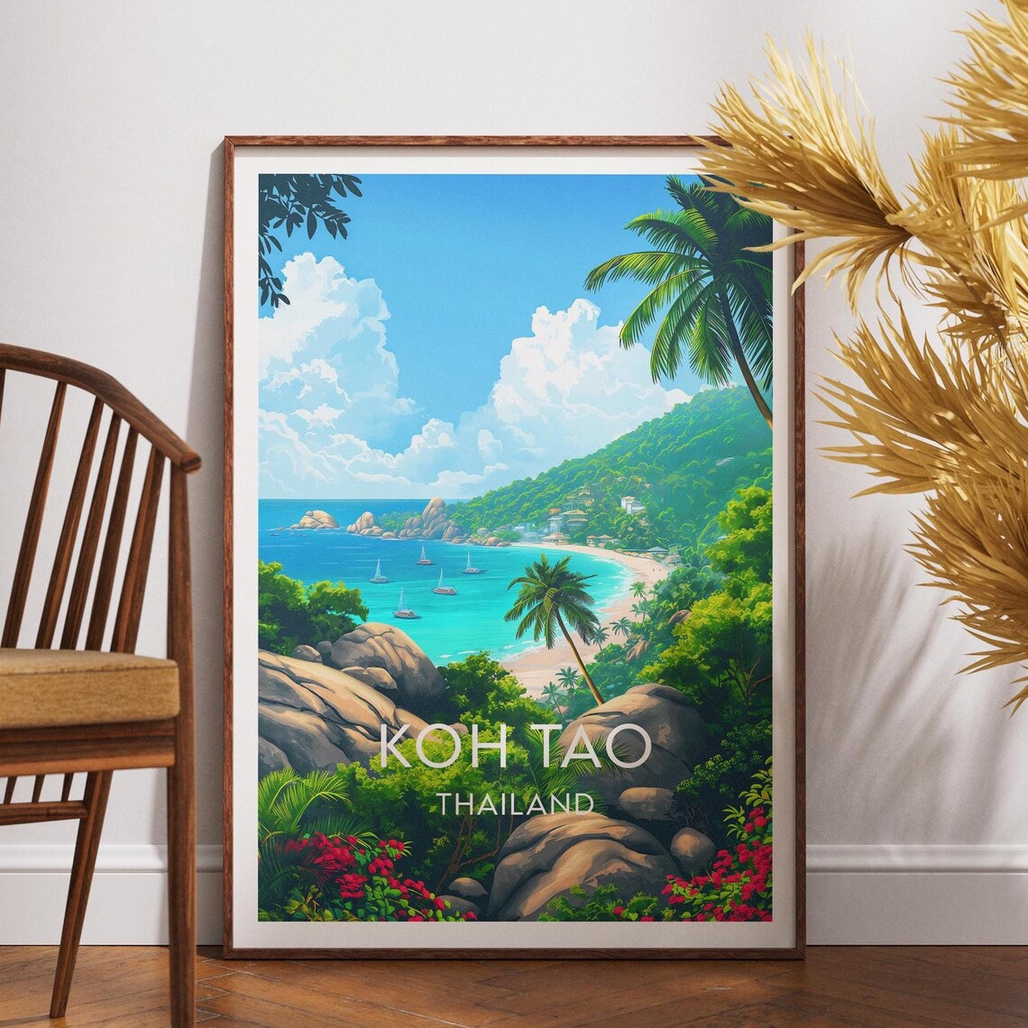 Koh Tao Thailand Island Cove Sailboats Rocky Beach Travel Poster