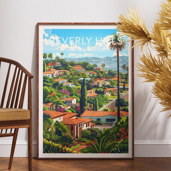 Beverly Hills California Lush Hillside Palm Travel Wall Decor Poster