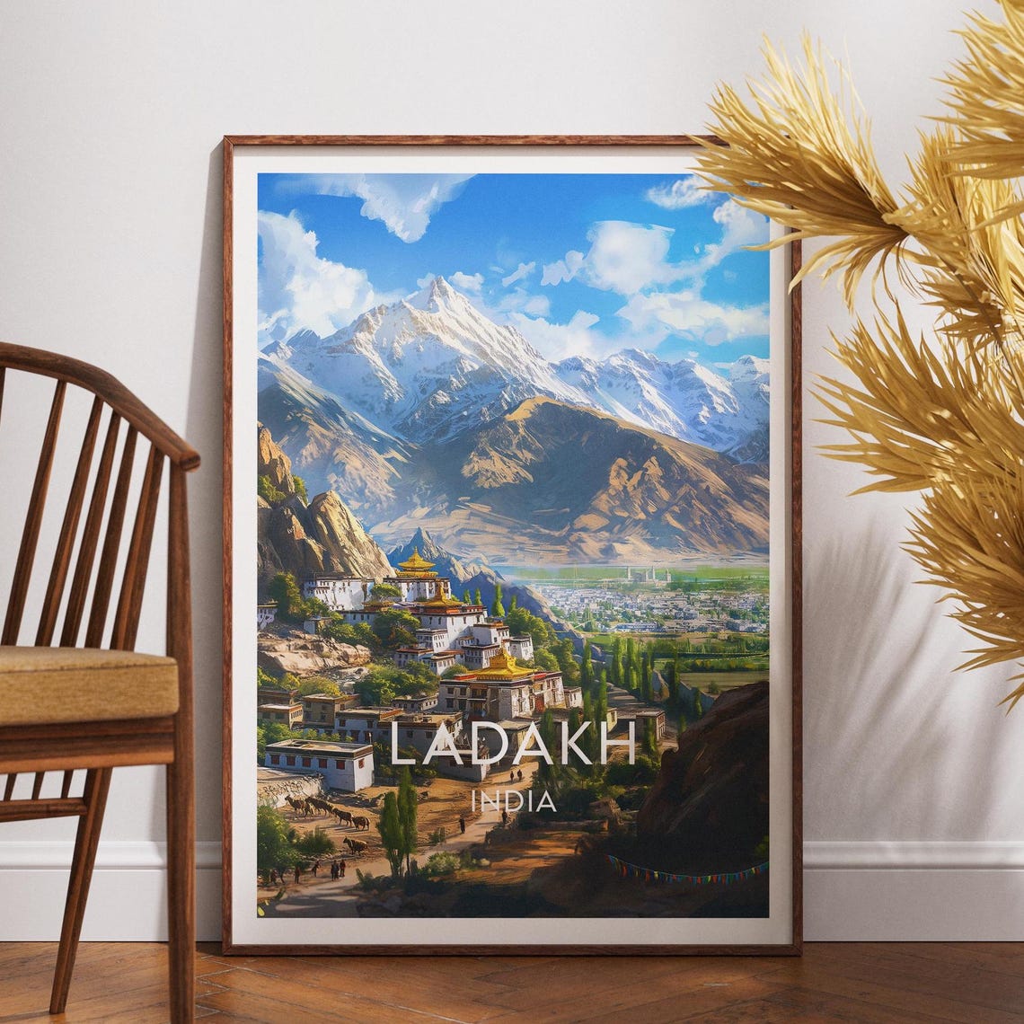 Ladakh India Himalayan Monastery Snow Peaks Prayer Flags Travel Poster