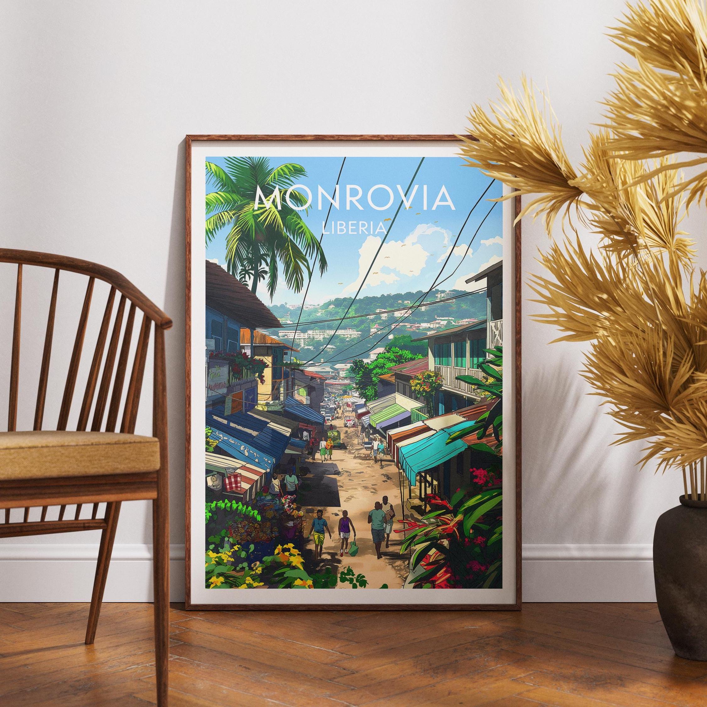 Monrovia Liberia Palm Street Market Tropical Vintage Travel Poster