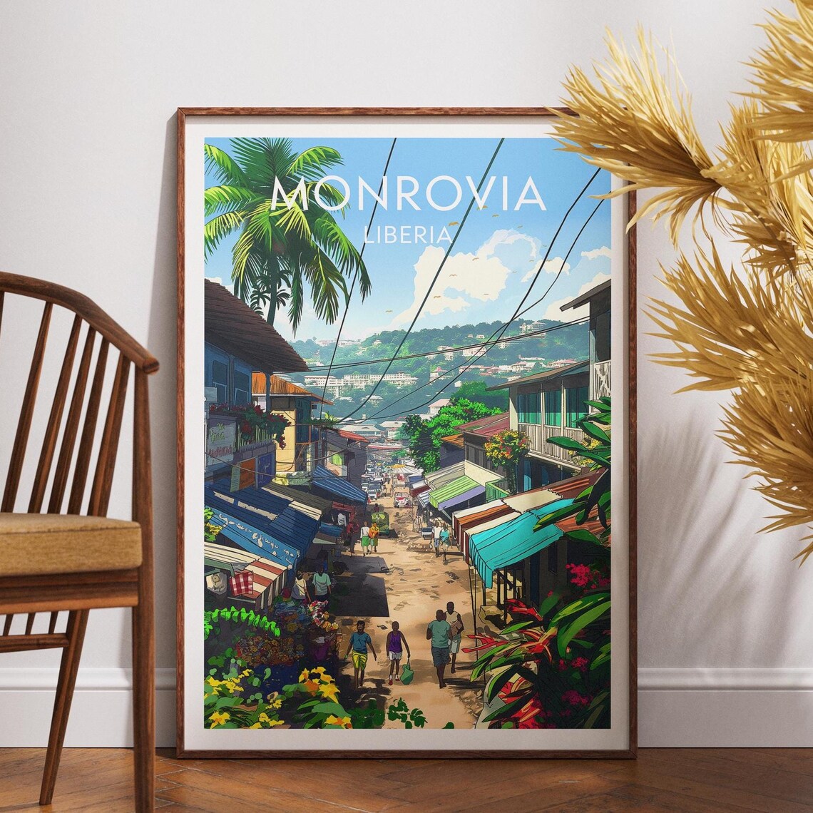 Monrovia Liberia Palm Street Market Tropical Vintage Travel Poster