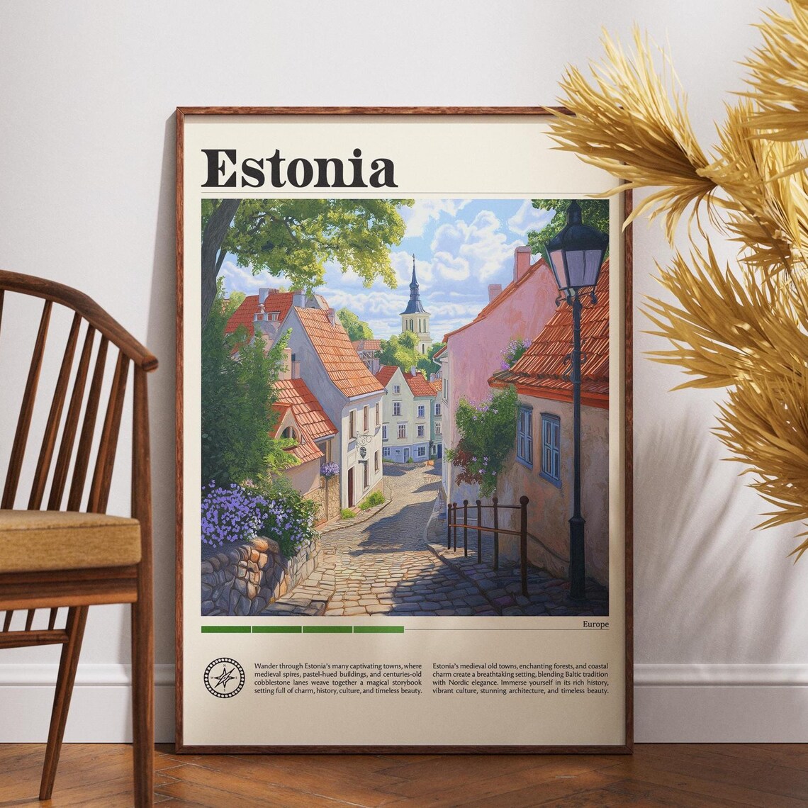 Estonia Old Town Cobblestone Street Church Spire Europe Poster