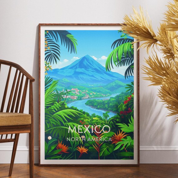 Mexico North America Volcano Jungle Tropical Landscape Travel Poster