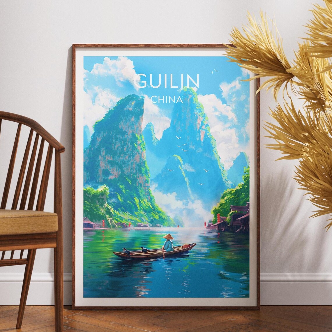 Guilin China Karst Mountains Fisherman Boat River Travel Poster