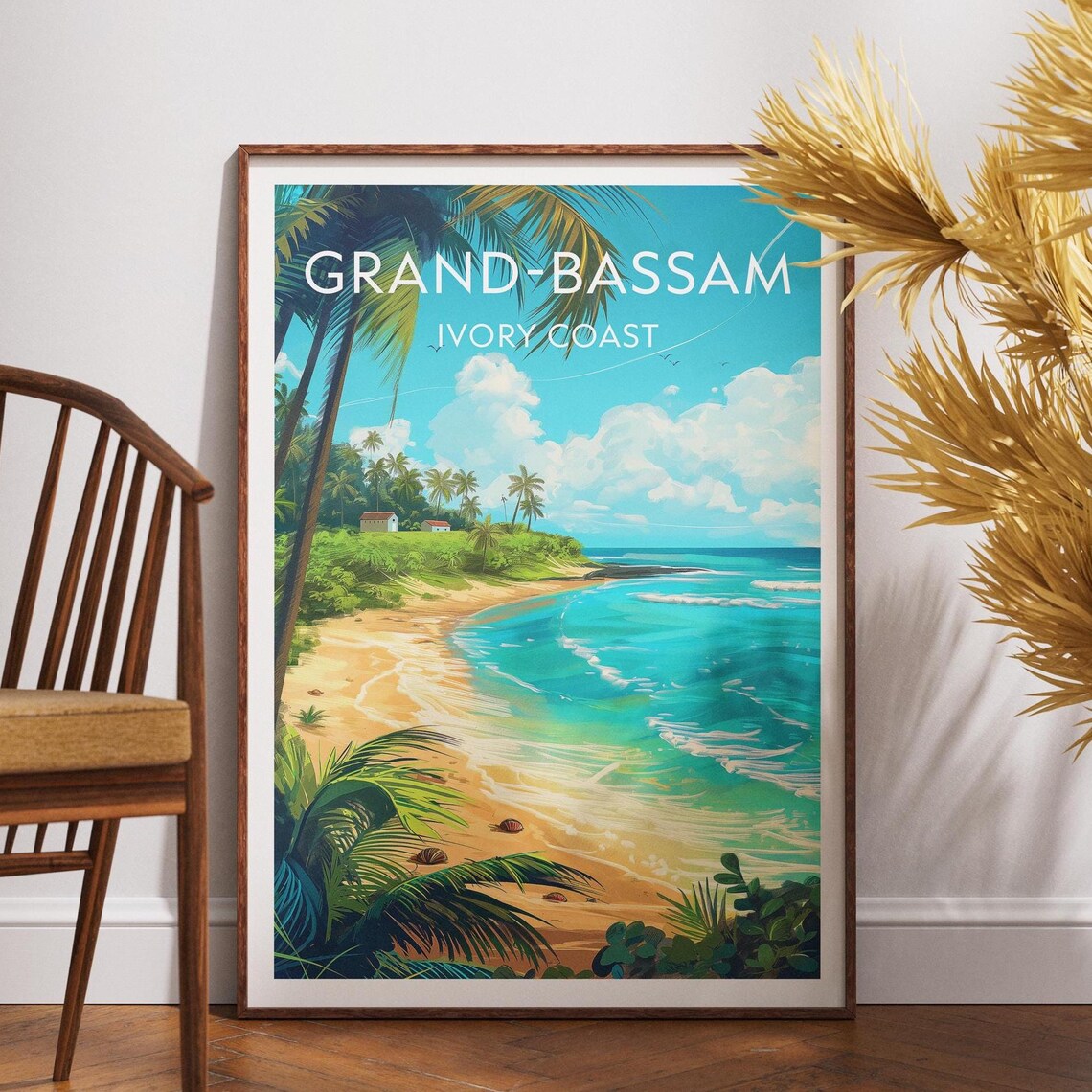 Grand-Bassam Ivory Coast Tropical Beach Palm Vintage Travel Poster