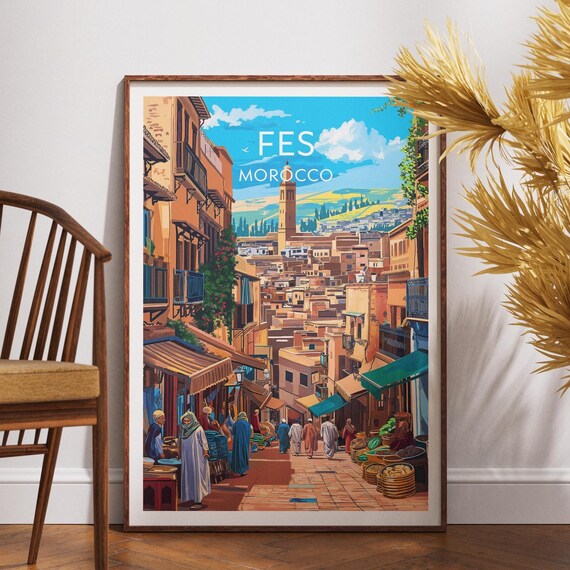 Vibrant Fes Morocco Medina Market Minaret Street Travel Poster