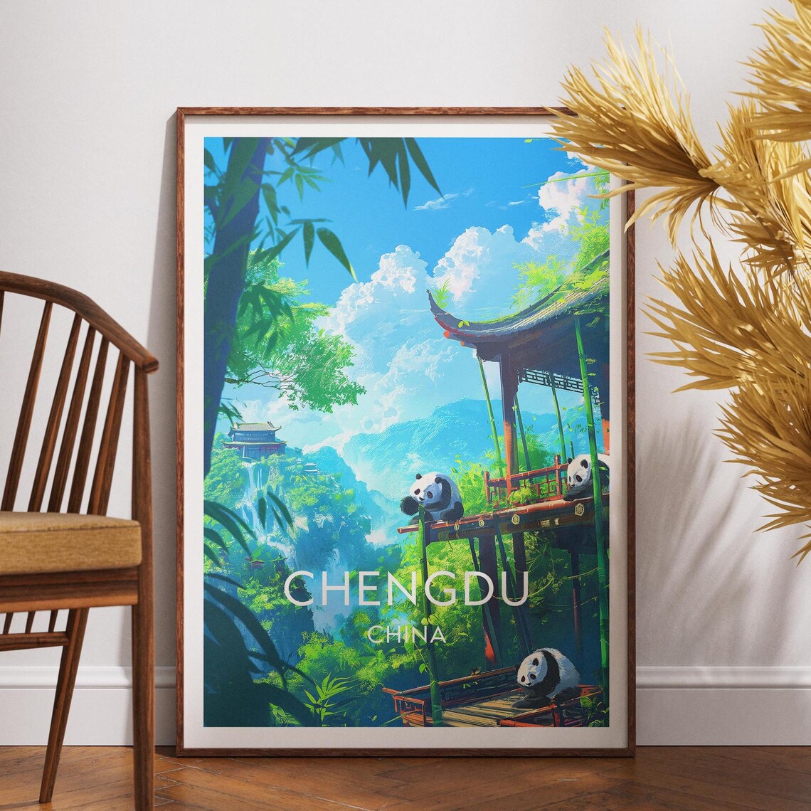 Chengdu China Travel Poster Giant Pandas Bamboo Pavilion Pagoda