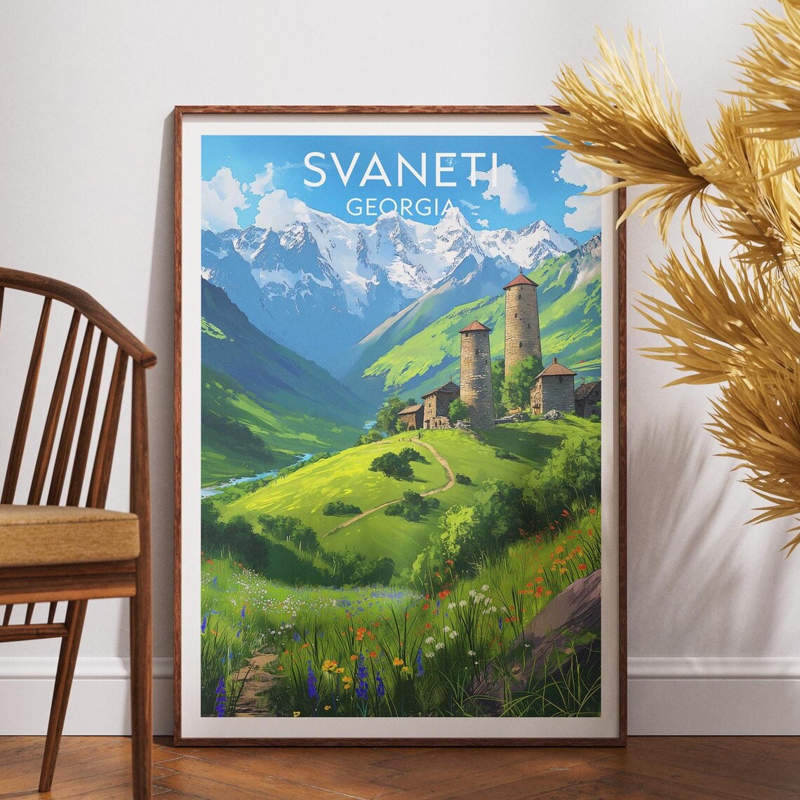 Svaneti Georgia Stone Tower Village Alpine Valley Vintage Travel Poster