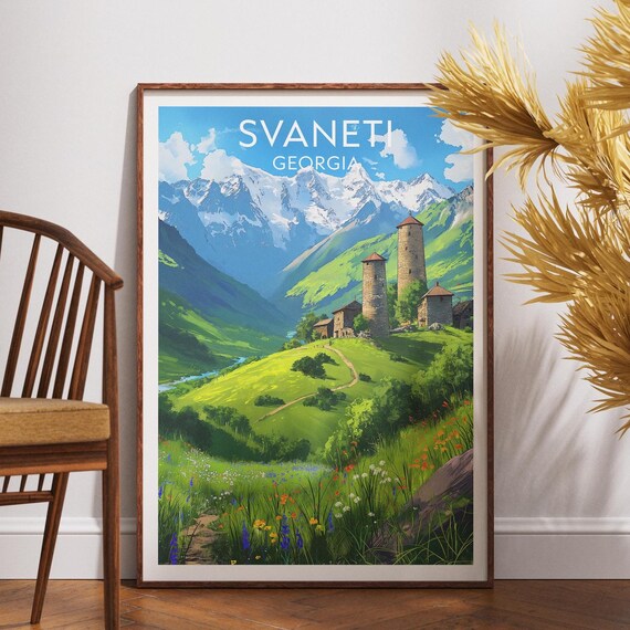 Svaneti Georgia Stone Tower Village Alpine Valley Vintage Travel Poster