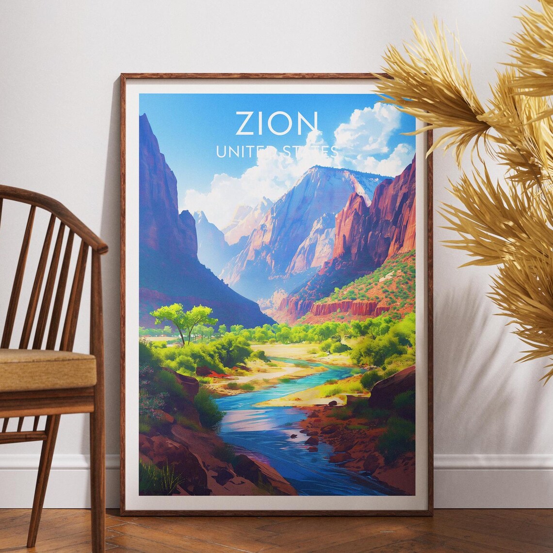 Zion United States Red Canyon River Retro National Park Travel Poster