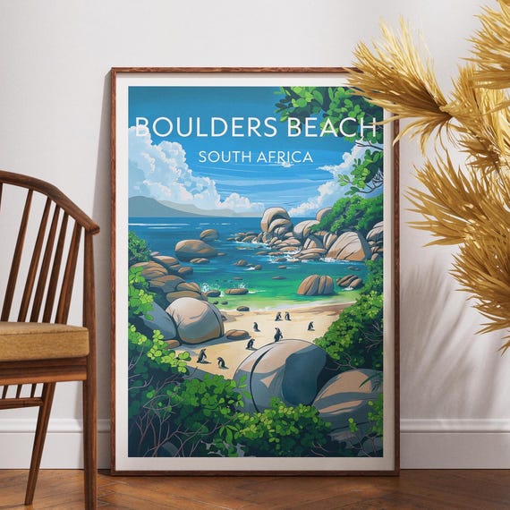 Boulders Beach Travel Print South Africa Poster Wall Art Penguins