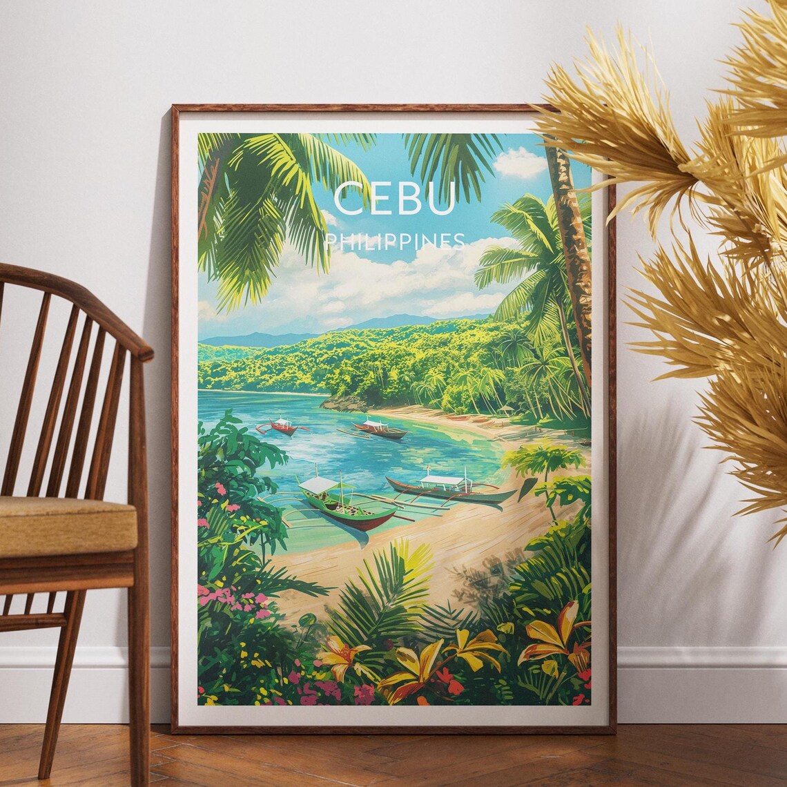 Cebu Island Philippines Palm Beach Outrigger Boats Travel Poster