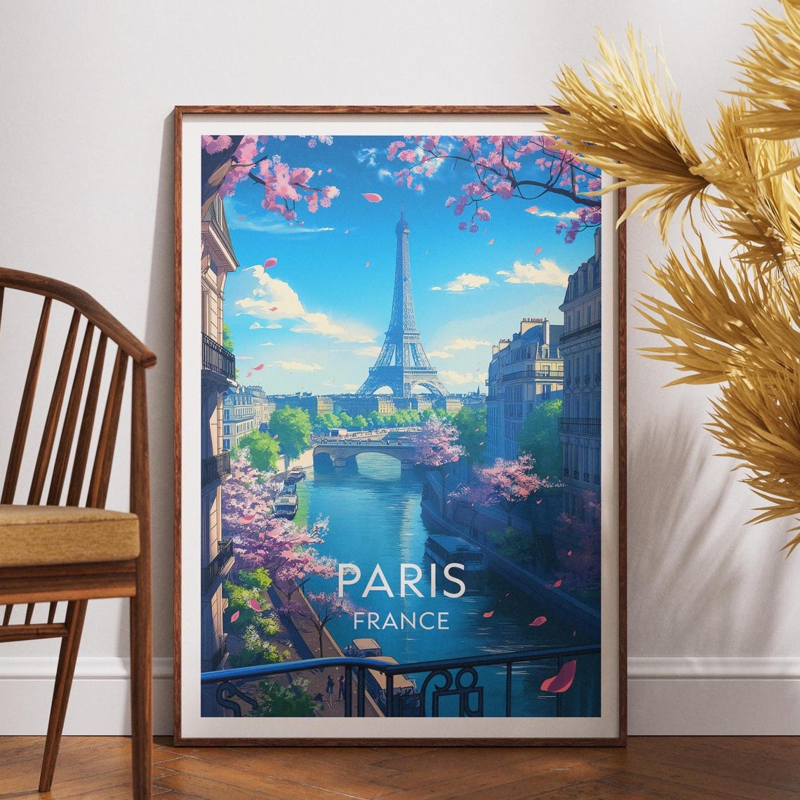 Paris France Eiffel Tower Cherry Blossom Spring Travel Poster