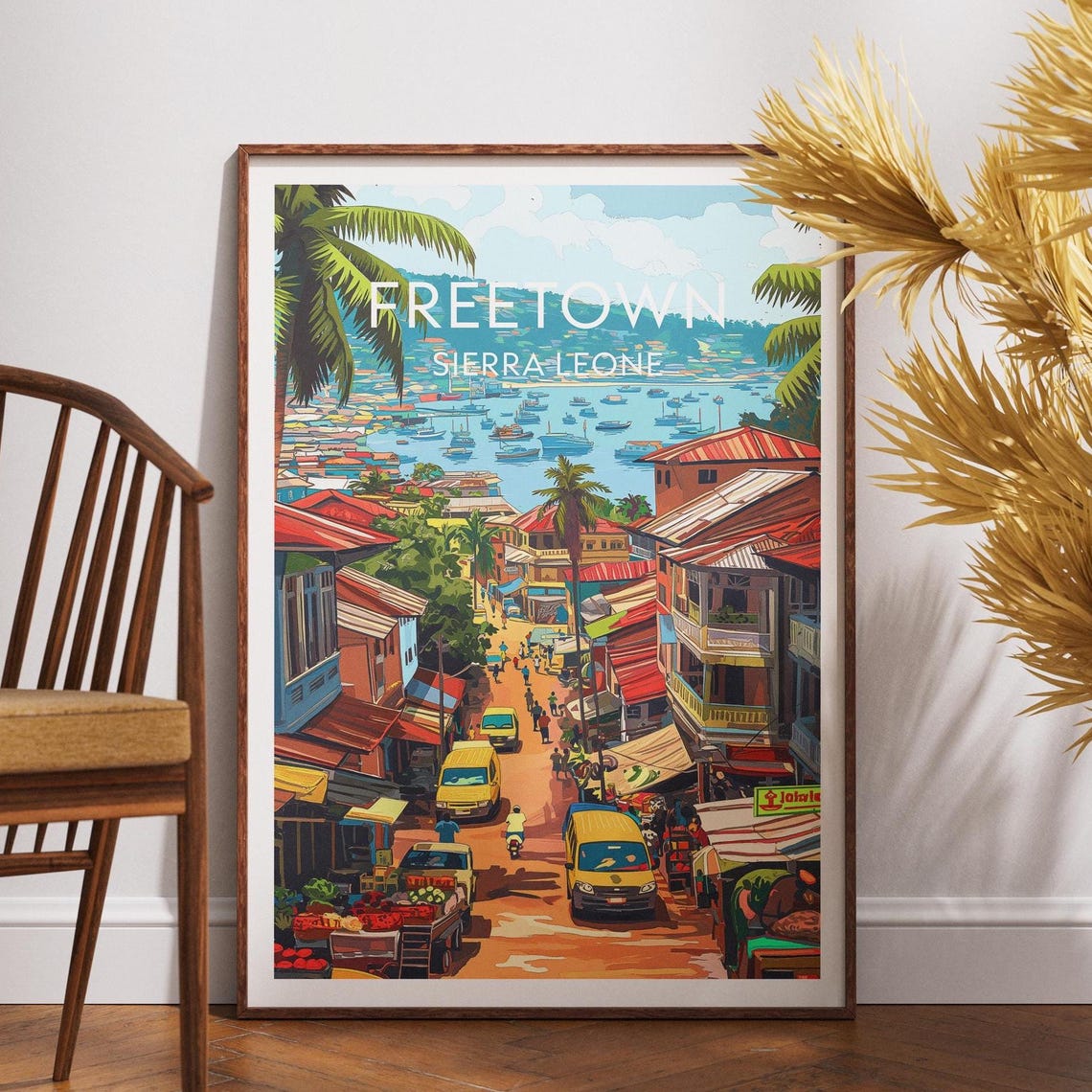 Freetown Sierra Leone Bustling Harbor Street Scene Travel Poster