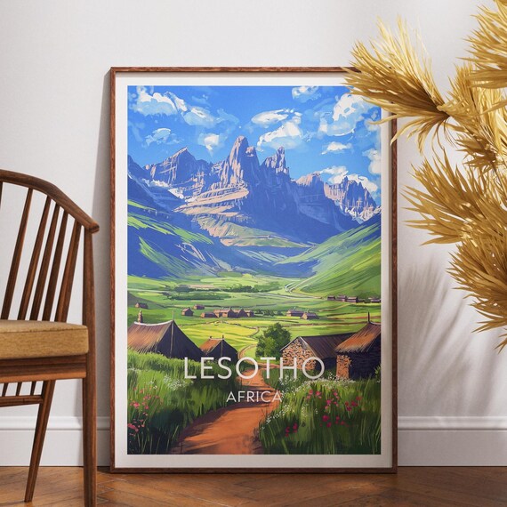 Lesotho Africa Mountain Peaks Green Valley Village Travel Poster