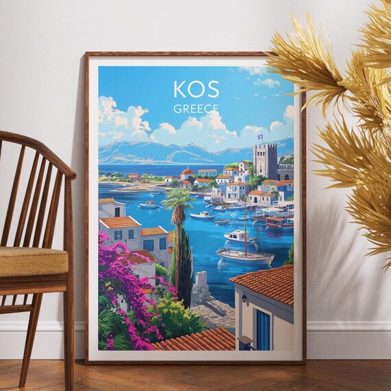 Kos Greece Aegean Bay Sailboats Old Town Scenic Travel Poster